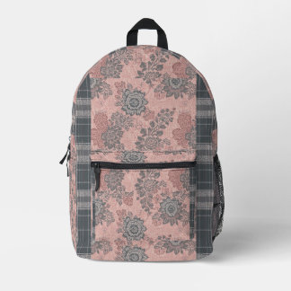 Mochila Impresa Rosas grises pizarra y rosa tartán Shabby Chic