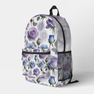 Mochila Impresa Rosas lavanda y azules sobre un gris nublado