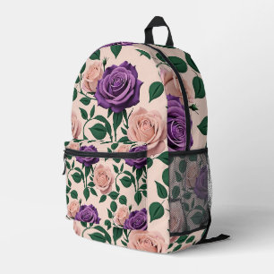 Mochila Impresa Rosas púrpura estilizadas con acentos verdes