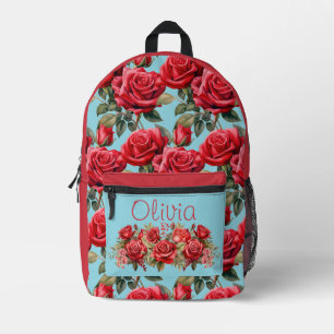 Mochila Impresa Rosas Rojas Deslucidas Chic Fondo Azul