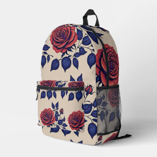 Mochila Impresa Rosas Rojas Pintadas A Mano En Negrita