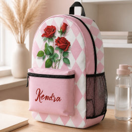 Mochila Impresa Rosas rojas y patrón de diamantes rosa y blanco