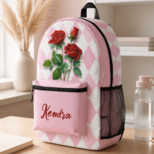 Mochila Impresa Rosas rojas y patrón de diamantes rosa y blanco