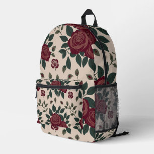 Mochila Impresa Rosas Rojo Oscuro Con Hojas Verdes