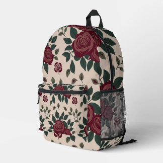 Mochila Impresa Rosas Rojo Oscuro Con Hojas Verdes