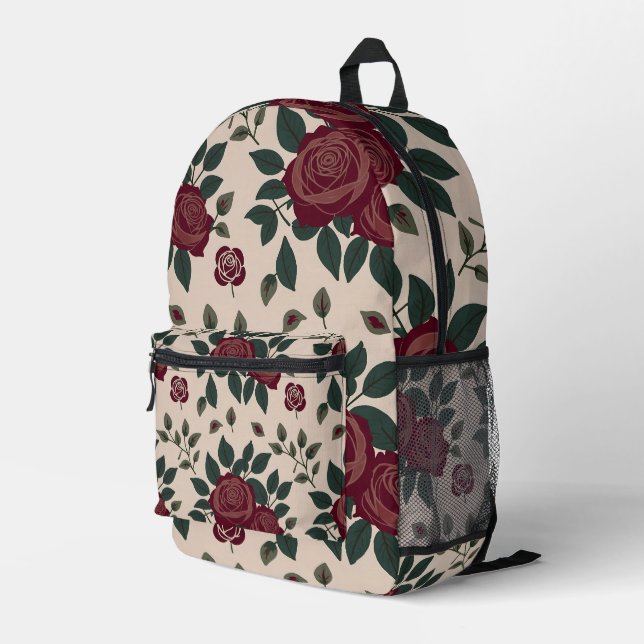 Mochila Impresa Rosas Rojo Oscuro Con Hojas Verdes (Esquina derecha trasera )