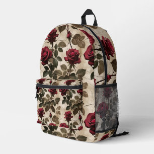 Mochila Impresa Rosas Rojo Profundo Con Hojas Verde Oscuro