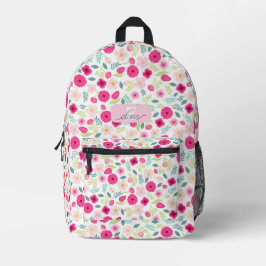 Mochila Impresa Rosas Rosadas Hojas Verdes Botánico Personalizado