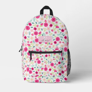Mochila Impresa Rosas Rosadas Hojas Verdes Botánico Personalizado