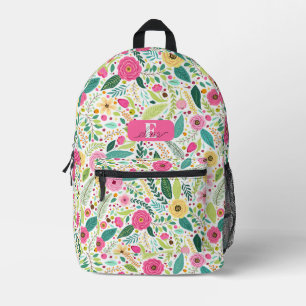 Mochila Impresa Rosas Rosadas Hojas Verdes Botánico Personalizado
