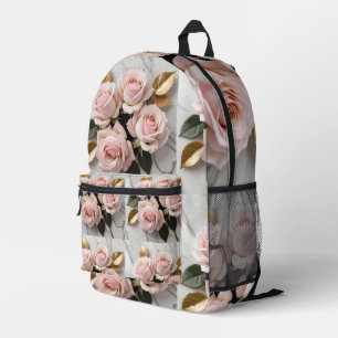 Mochila Impresa Rosas Suaves De Color Rosa Con Hojas Doradas Delic