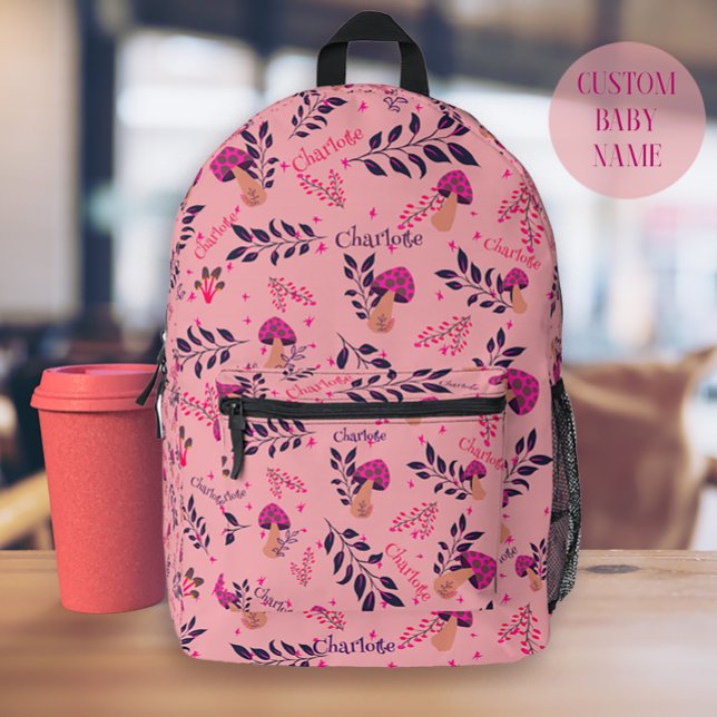 Mochila Impresa Rubor Pink Funny Mushrooms Baby Custom Name (Mushrooms Pattern with Customizable Baby Name)