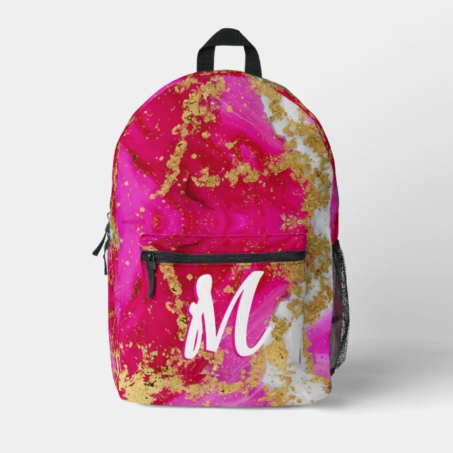 Mochila Impresa Ruby Red Hot Pink Alcohol Ink Faux Gold Custom (Anverso)