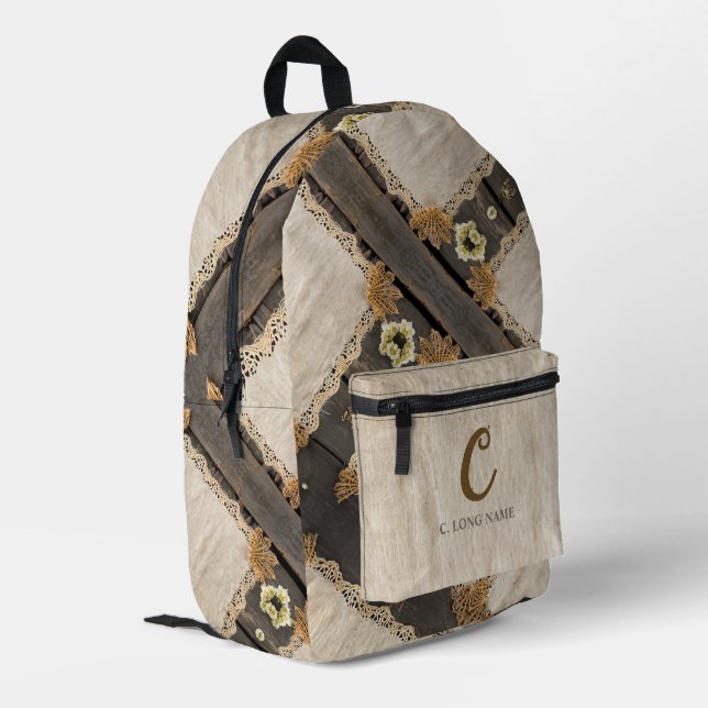 Mochila Impresa Rustic Charm Burlap & Lace Barn Wood QR Code (Esquina izquierda trasera)