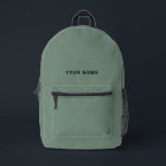 Mochila Impresa Sage Green Custom Name Backpack<br><div class="desc">Easily personalize this simple and cool backpack adding your name or custom text. A cool and modern design in organic sage green featuring clear sans serif font, for a modern, professional and edgy look, perfect as custom gift for college students, high school, kids. The backpack can be customized in any...</div>