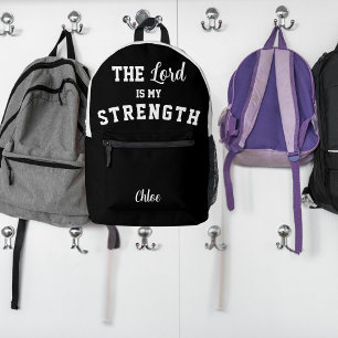 Mochila Impresa Salmo en Blanco y Negro 28:7 El Señor es mi Fuerza