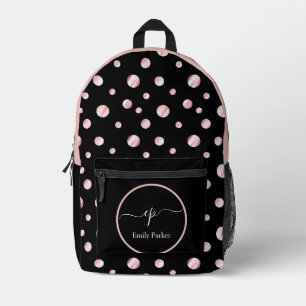 Mochila Impresa Script Monograma Nombre personalizado Negro Polka 