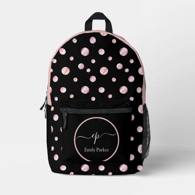 Mochila Impresa Script Monograma Nombre personalizado Negro Polka  (Anverso)
