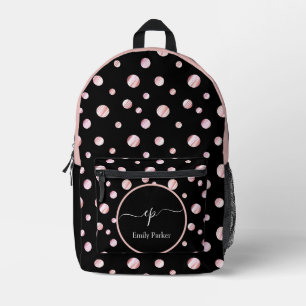 Mochila Impresa Script Monograma Nombre personalizado Negro Polka 