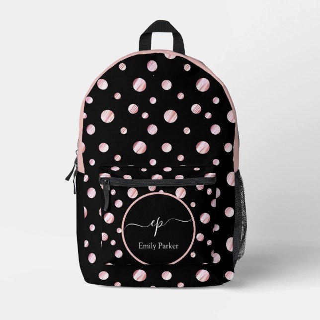 Mochila Impresa Script Monograma Nombre personalizado Negro Polka  (Anverso)