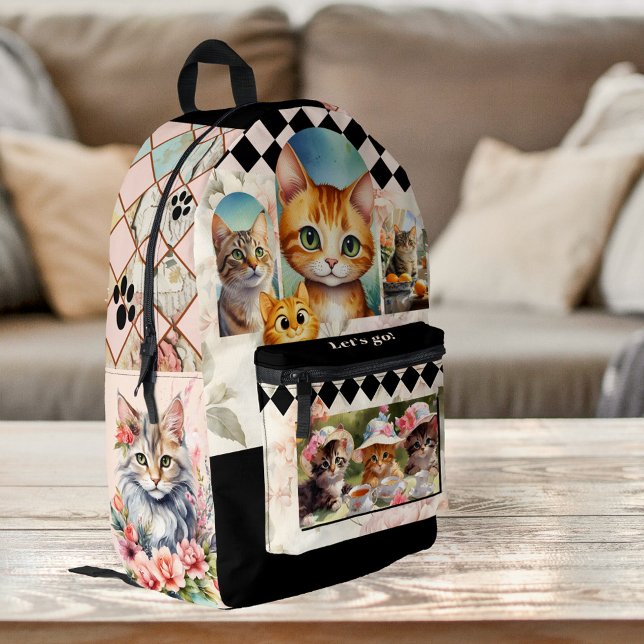 Mochila Impresa Señora Gata Loca Boho Chic (Whimsical bohemian scrapbook style backpack for a crazy cat lady - with optional custom photos)