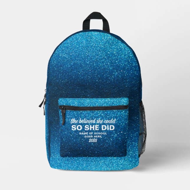 Mochila Impresa She Believed She Could Aqua Blue Glitter Sparkles (Anverso)
