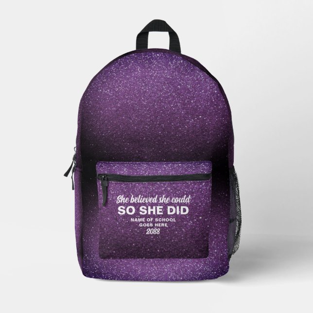 Mochila Impresa She Believed She Could Aubergine Glitter Sparkles (Anverso)