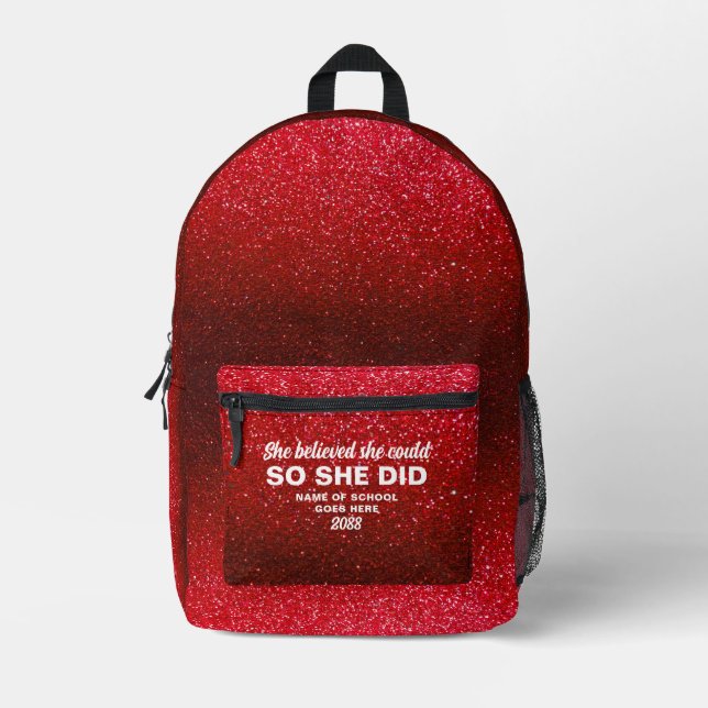 Mochila Impresa She Believed She Could Black Red Glitter Sparkles (Anverso)