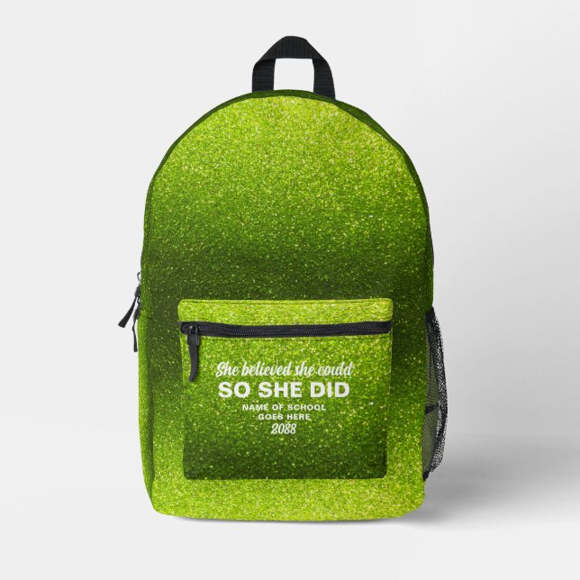 Mochila Impresa She Believed She Could Lime Green Glitter Sparkles (Anverso)