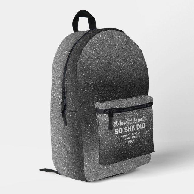 Mochila Impresa She Believed She Could Silver Black Glitter (Esquina izquierda trasera)