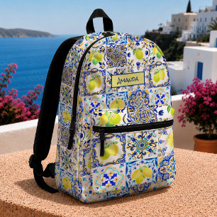 Mochila Impresa Siciliano Mediterráneo Azul Amarillo Mayólica Cítr