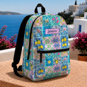 Mochila Impresa Siciliano Mediterráneo Turquesa Azulejo Cítrico