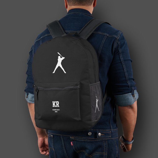 Mochila Impresa Silueta de béisbol deportivo Monograma blanco negr (Sporty Baseball Silhouette Monogram Black White Printed Backpack
)