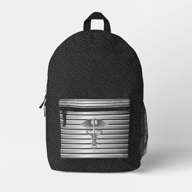 Mochila Impresa Símbolo médico de Caduceus negro y plata (Anverso)