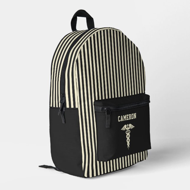 Mochila Impresa Símbolo médico personalizado Crema y rayas negras  (Esquina izquierda trasera)