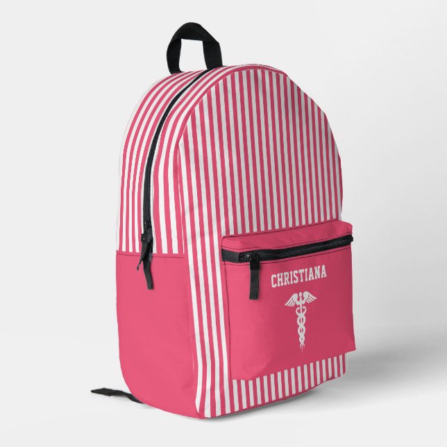 Mochila Impresa Símbolo médico personalizado franjas rosadas (Esquina izquierda trasera)