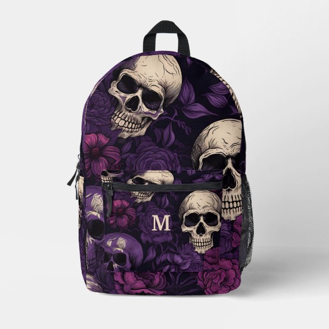 Mochila Impresa Skulls Purple Black Floral (Anverso)
