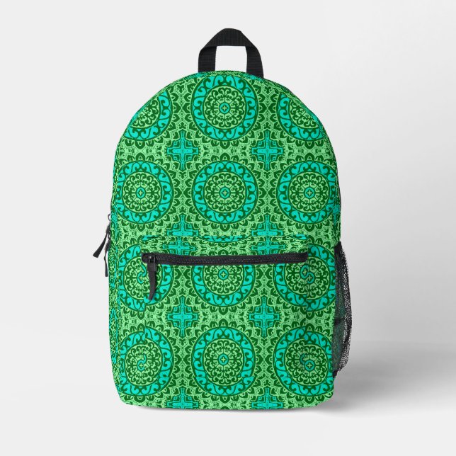 Mochila Impresa Sol del suroeste Mandala, verde y turquesa (Anverso)