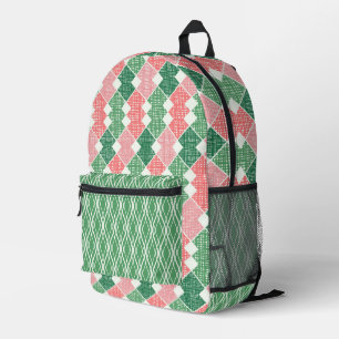 MOCHILA IMPRESA SOMBRAS DE PATRONES GEOMÁTICOS NARANJAS VERDES Y C