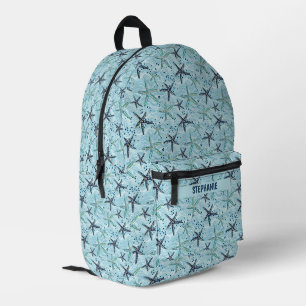 Mochila Impresa Starfish azul claro y dorado en el patrón de ola o