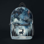 Mochila Impresa Starry Winter Night Deer<br><div class="desc">A graceful stag stands beneath a shimmering winter sky, framed by snow-dusted pines and delicate bare trees. The deep midnight blues fade into frosty whites, while stars and snowflakes scatter like jewels across the heavens. This dreamy woodland scene captures the quiet wonder of a snowy night, blending cottagecore warmth with...</div>
