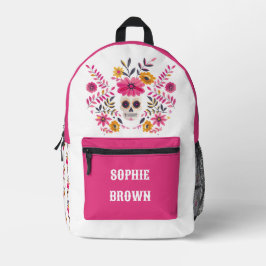 Mochila Impresa Sugar Skull Fuchsia Flores Nombre personalizado