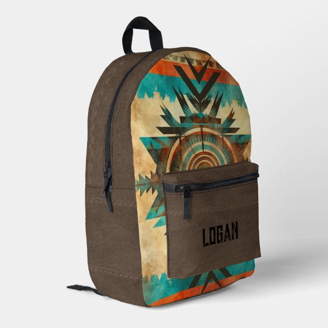 Mochila Impresa Sunburst nativo americano en el Ante marrón (Esquina izquierda trasera)