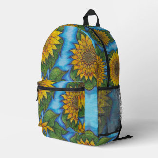 Mochila Impresa Sunflower Print Backpack Yellow Blue Black