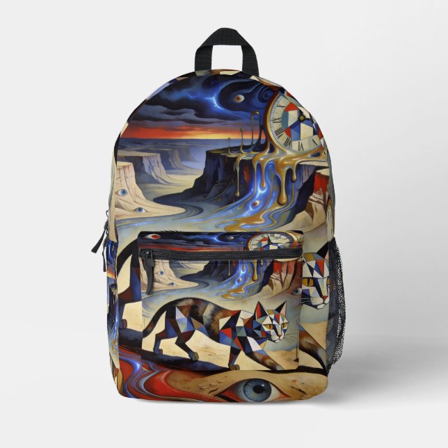 Mochila Impresa Surreal Cat Melting Clocks Dali Picasso Inspired (Anverso)