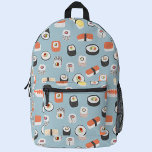Mochila Impresa Sushi japonés<br><div class="desc">Patrón de arte gastronómico japonés con sushi,  nigiri y rollos de maki sobre un fondo azul de huevo de pato. Ideal para los gourmets,  los chefs y los gourmets. Arte original de Nic Squirrell.</div>