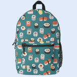 Mochila Impresa Sushi japonés<br><div class="desc">Patrón de arte gastronómico japonés con sushi,  nigiri y rollos de maki sobre un fondo verde verde azulado profundo. Ideal para los gourmets,  los chefs y los gourmets. Arte original de Nic Squirrell.</div>