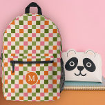 Mochila Impresa Tablero de ajedrez retro lindo Monograma Naranja r<br><div class="desc">Esta mochila personalizado, divertida y elegante, presenta un patrón de tablero de ajedrez en tonos retro de verde rosa, naranja y oliva sobre un fondo de color crema. Se incluye una plantilla de texto inicial monograma - utilízala para personalizar tu mochila o eliminarla y el círculo, si prefieres no tener...</div>