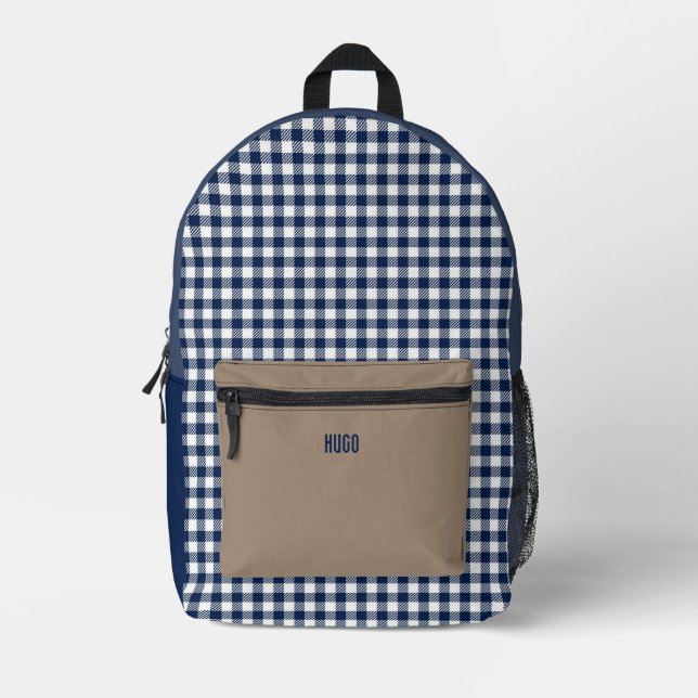 Mochila Impresa Tablero de Gingham blanco y azul personalizado (Anverso)