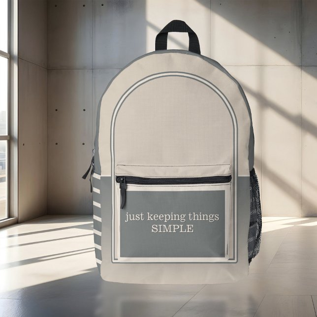 Mochila Impresa Tan simple gris (Tan grey backpack featuring a simple design with a few stripes. Add your custom quote.)